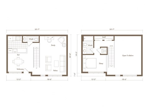 Floor plan for 1 bed, 1.5 baths, 822 sqft